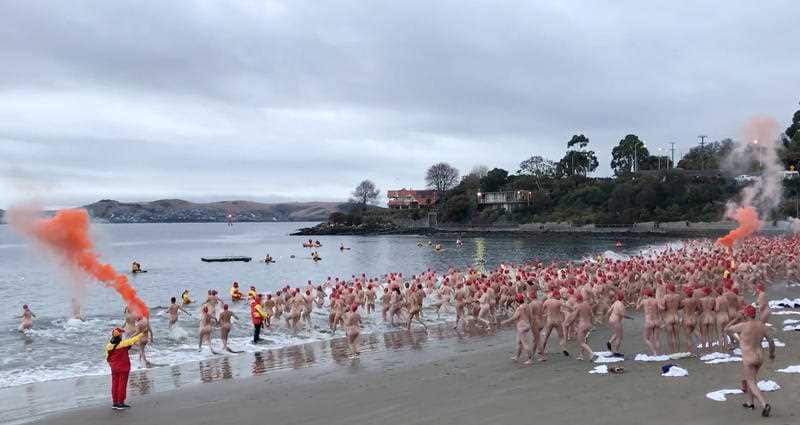 Swimmers at Sandy Bay beach, in the annual event that marks teh end of the Dark Mofo festival.