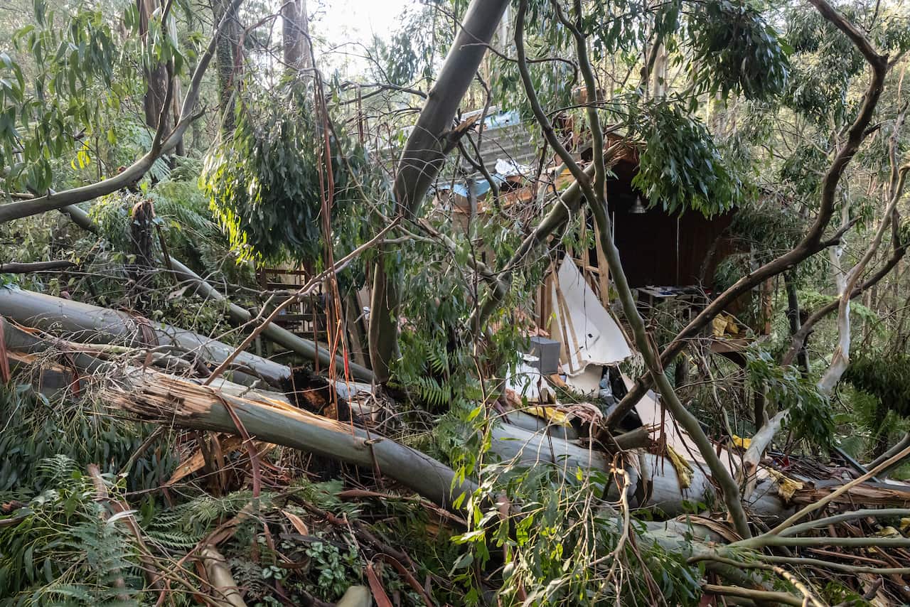 A damaged house is seen in Olinda, Melbourne, Tuesday, June 15, 2021. (AAP Image/Daniel Pockett) NO ARCHIVING