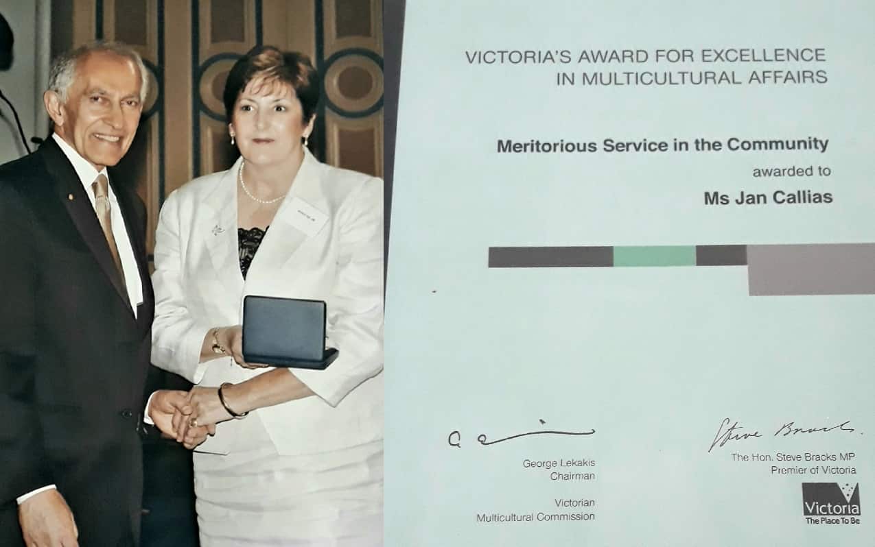 Mrs Jannette Callias with Governor of Victoria Professor David de Kretser. 