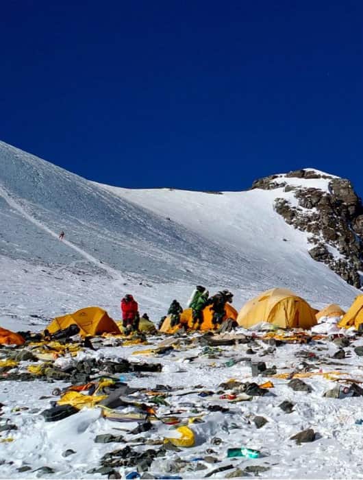 Discarded climbing equipment and rubbish scattered around Camp 4 of Mount Everest on May 21, 2018. Picture: AFP