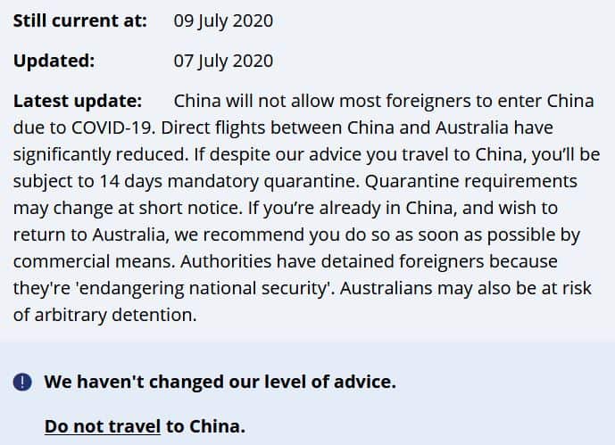 Federal Government warns that Australians should be wary of travelling to China for fear of facing “arbitrary detention”.