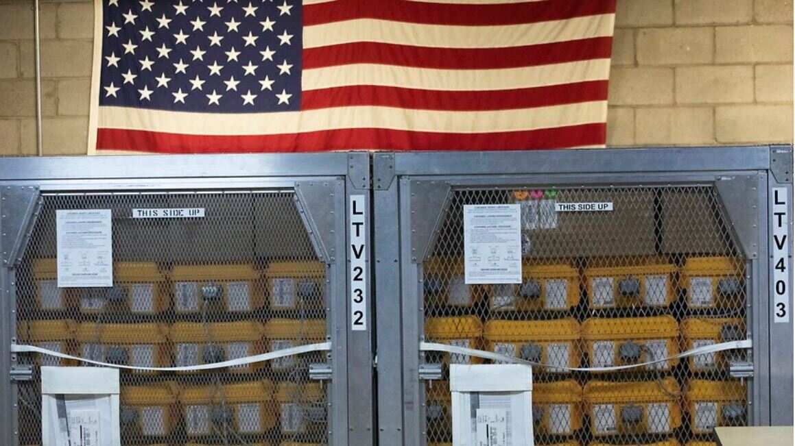 Cages of ventilators at the New York City Emergency Management Warehouse on 24 March 2020