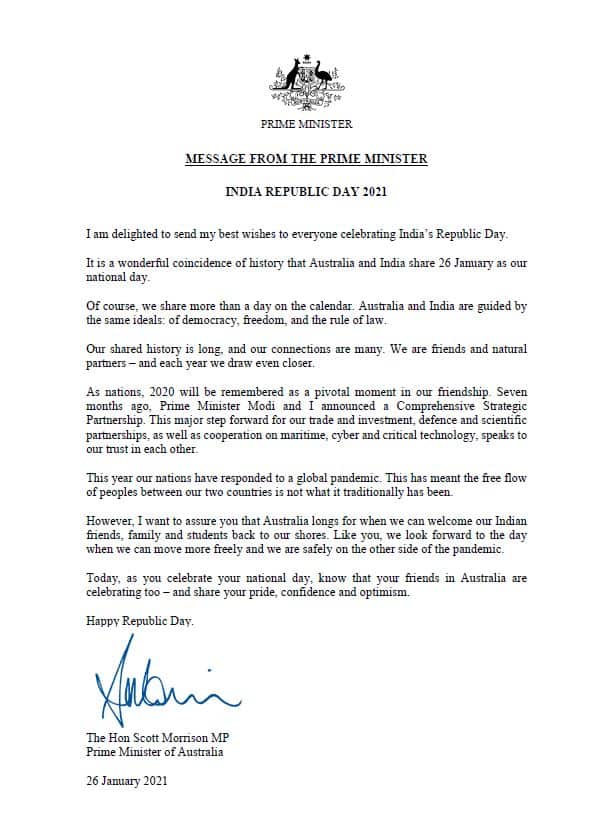 Prime Minister: India and Australia sharing January 26th as a national day is a 'wonderful co-incidence in history'