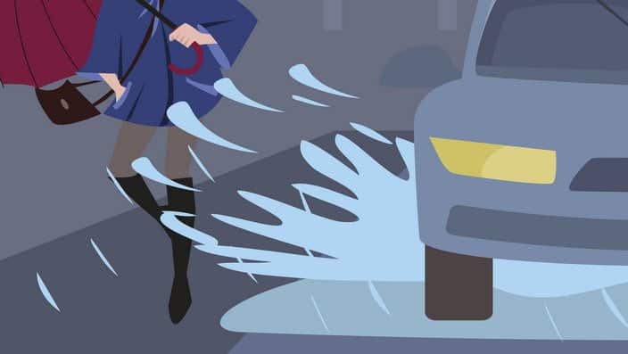 car splashes pedestrian, illustration of discourtesy