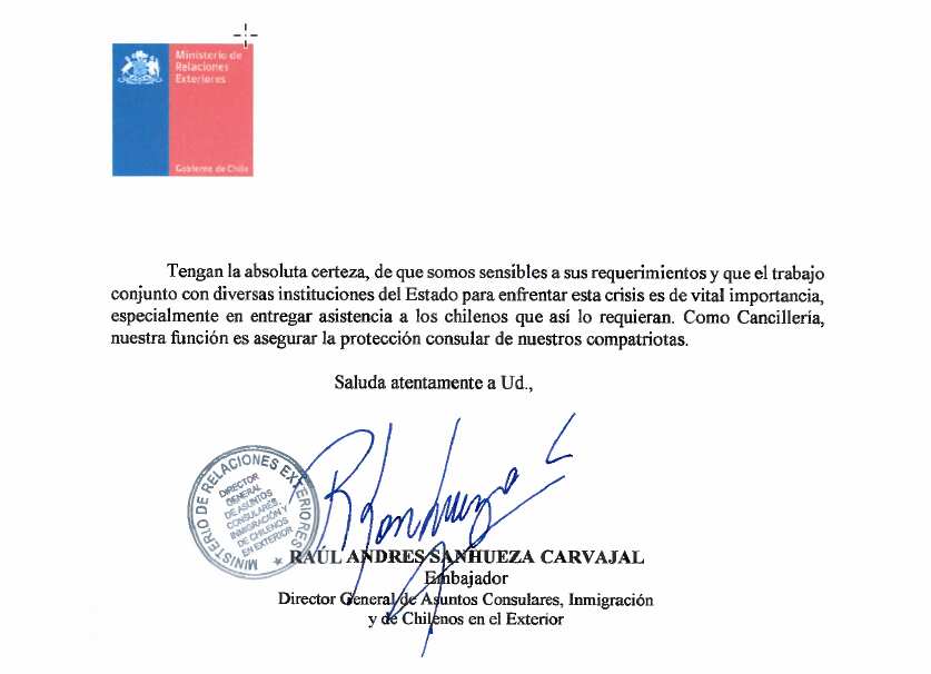 Parte de la respuesta del Director de Asuntos Consulares en el Exterior, tras el envío de una carta solicitando ayuda.