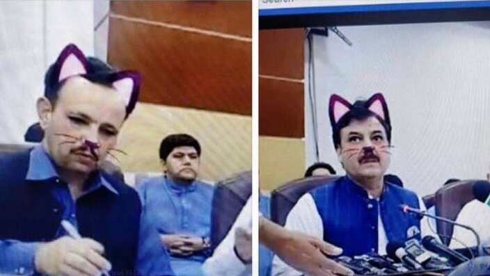 Pakistan's politician Shaukat Yusufzai (right) and his colleague appeared with a "cat filter" during live press conference.