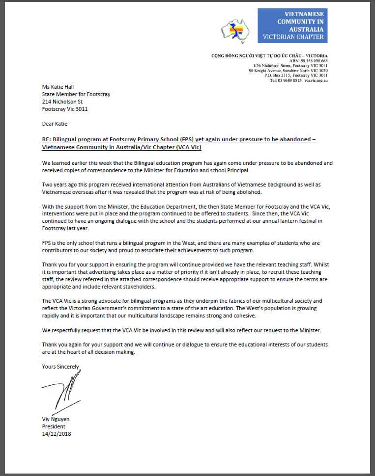 Letter of VCA VIC to State Member of Footscray Katie Hall