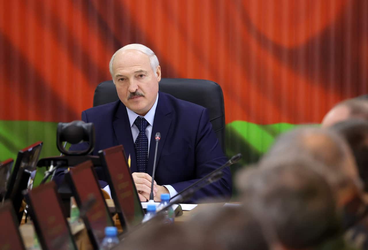 Belarus President Alexander Lukashenko holds a meeting in the Strategic Management Centre of the Belarusian Defence Ministry on 15 August.