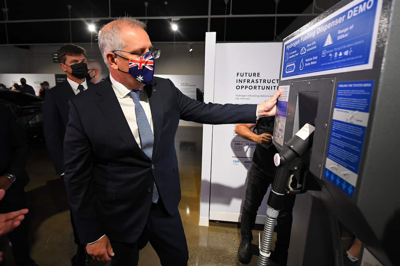 Prime Minister Scott Morrison tours the Toyota Hydrogen Centre in Altona, Melbourne, Tuesday, November 9, 2021.