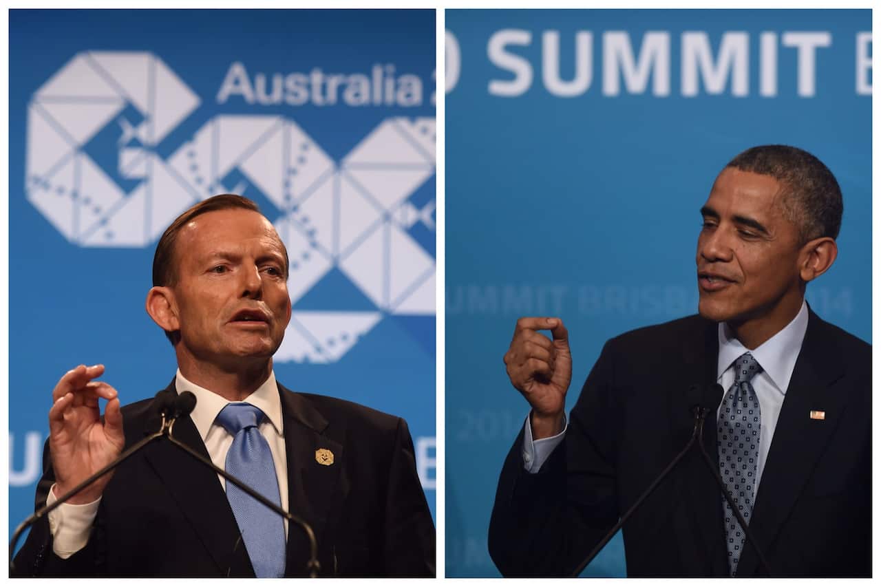 Tony Abbott and Barrack Obama give speeches at the G20 summit in Brisbane.