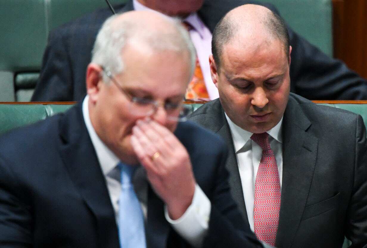 Prime Minister Scott Morrison and Treasurer Josh Frydenberg during Question Time at Parliament House in Canberra.
