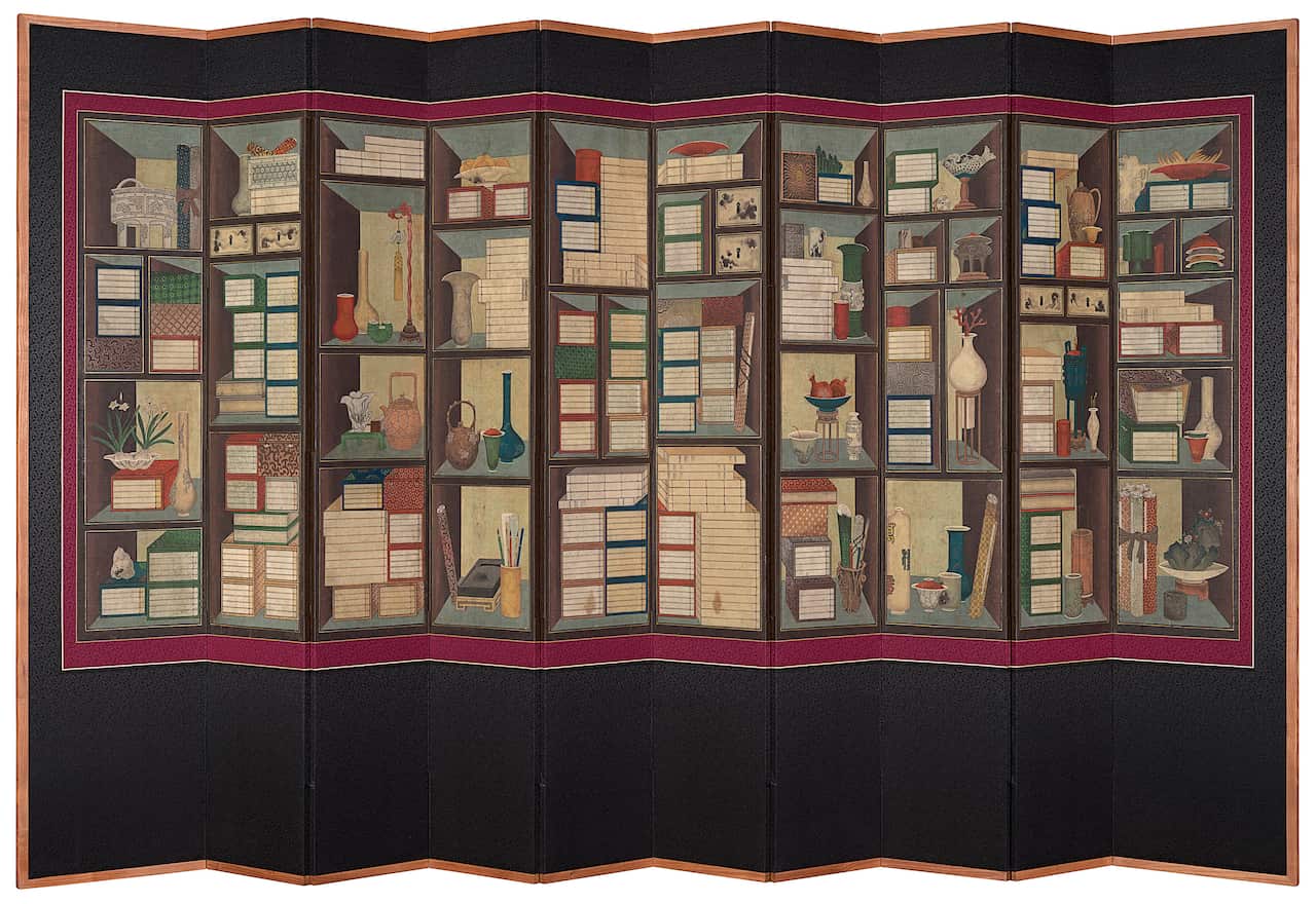 Books and things (Chaekgeori) Joseon dynasty,  late 19th century ten-panel folding screen