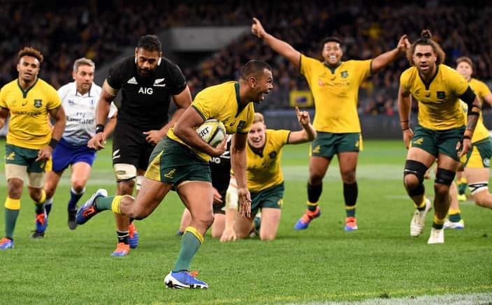 Wallabies celebrate their win over the All Blacks