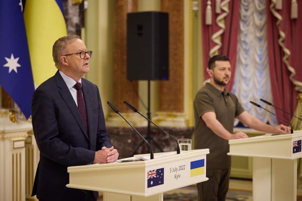 Prime Minister Anthony Albanese has announced more sanctions on Russia and more military aid for Ukraine following his first visit to the war-torn country.