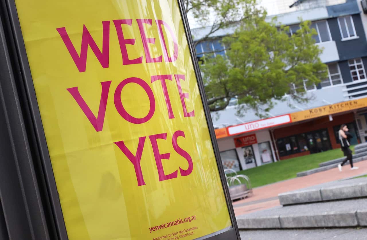 A poster in favour of a 'yes' vote in the upcoming referendum on legalising recreational cannabis use, shown on a billboard in Hamilton, NZ.