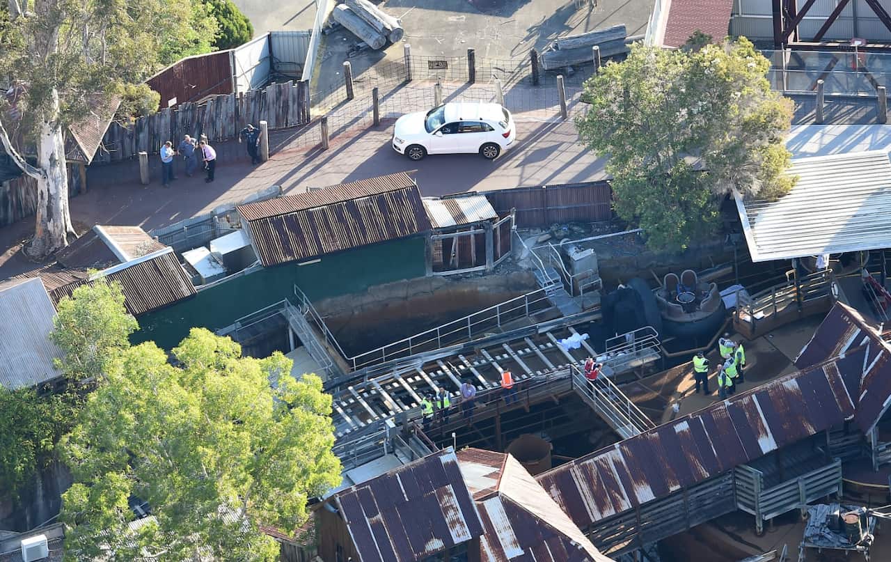 Queensland Emergency service personnel are seen at amusement theme park Dreamworld on the Gold Coast, Queensland, Tuesday, Oct. 25, 2016.