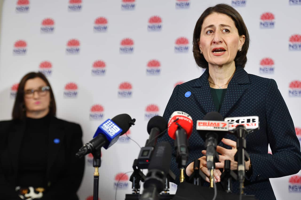 NSW Premier Gladys Berejiklian and Minister for Education Sarah Mitchell brief the media on the easing of restrictions during a press conference in Sydney, Tuesday, May 19,2020. (AAP Image/Dean Lewins) NO ARCHIVING