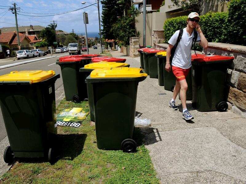 Recycling bins sit with general waste bins on the roadside
