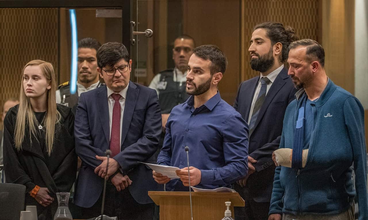 Mustafa Boztas reads his victim impact statement at the sentencing hearing for Christchurch mosque gunman