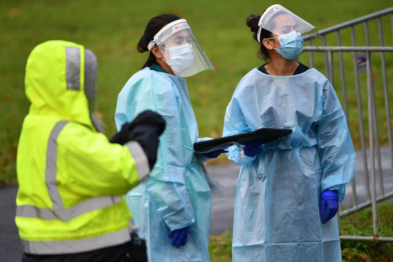 Healthcare workers at the Albert Park COVID-19 testing facility in Melbourne on 27 May 2021.  