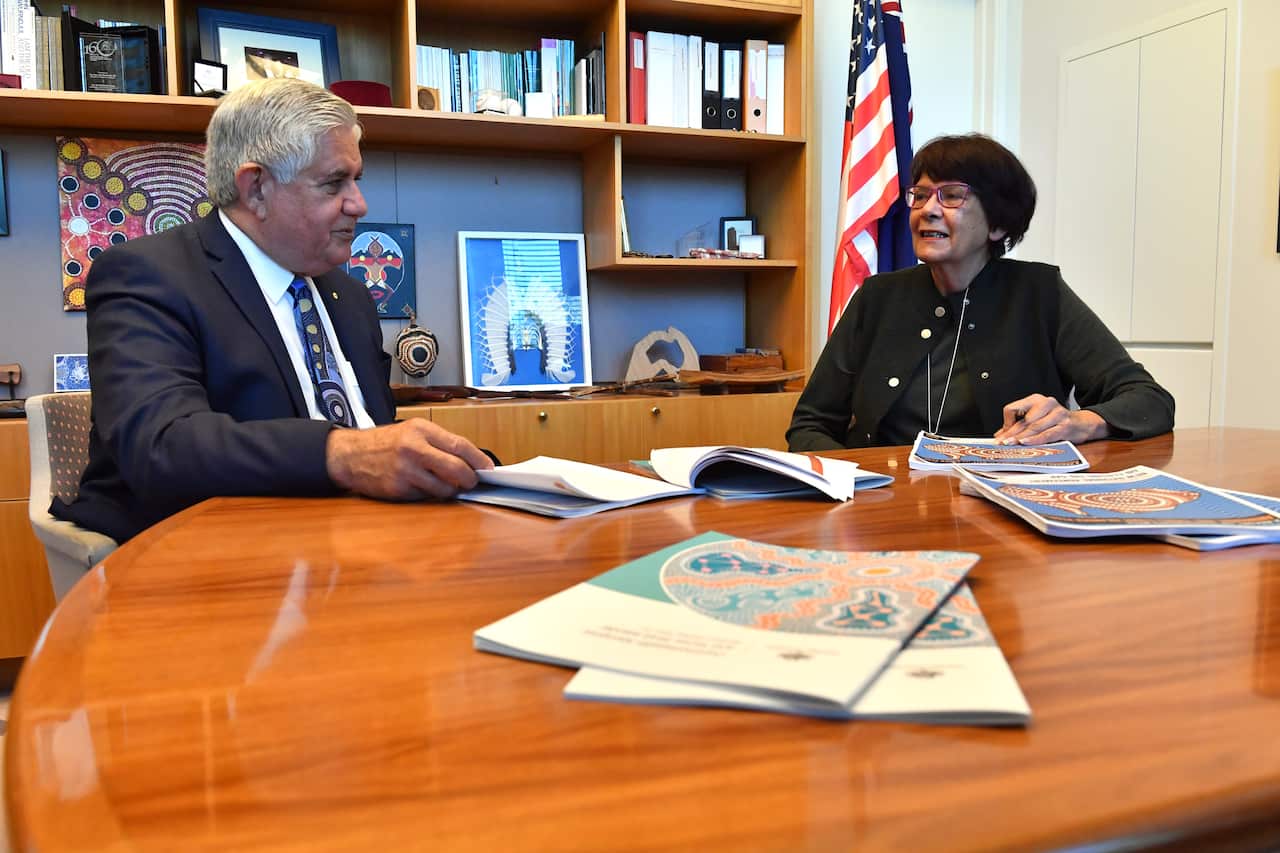 Minister for Indigenous Australians Ken Wyatt and Co-Chair of the Joint Council on Closing the Gap Pat Turner at a photo opportunity at Parliament House in Canberra, Friday, July 3, 2020. (AAP Image/Mick Tsikas) NO ARCHIVING