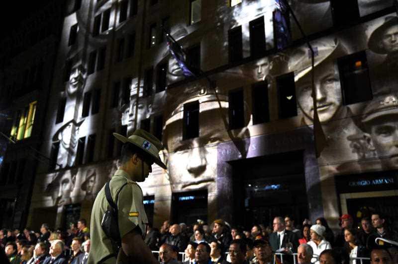 A member of the catafalque party stands guard during the Anzac Day dawn service in Sydney, Monday, April 25, 2016.