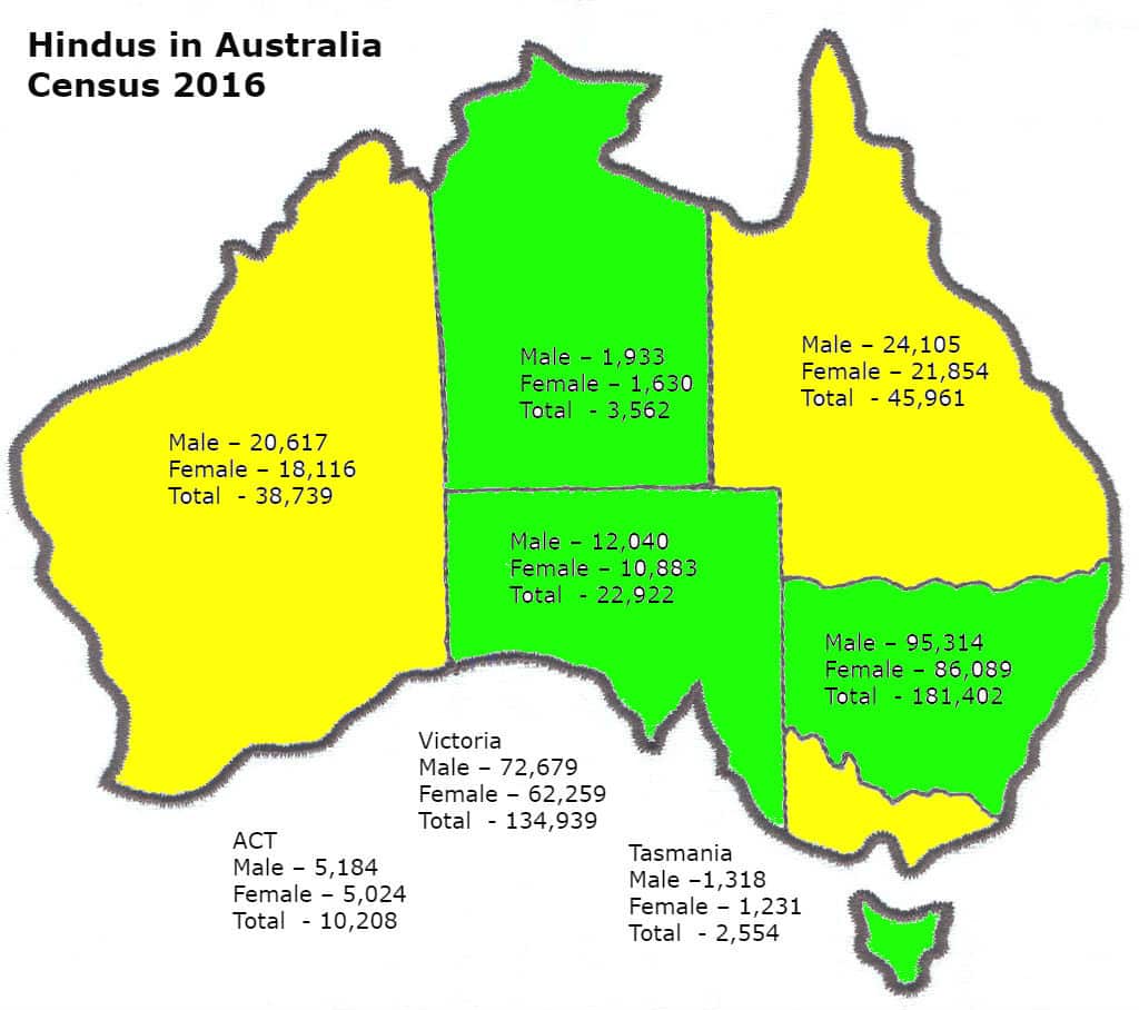 A map of the number of Hindus in Australia, as collated by SBS Punjabi, from the recently released ABS data