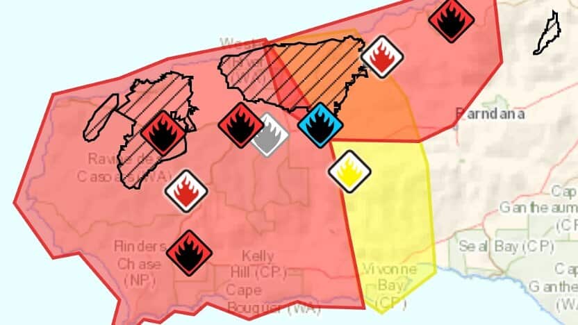 The danger areas for the fire on Kangaroo Island.
