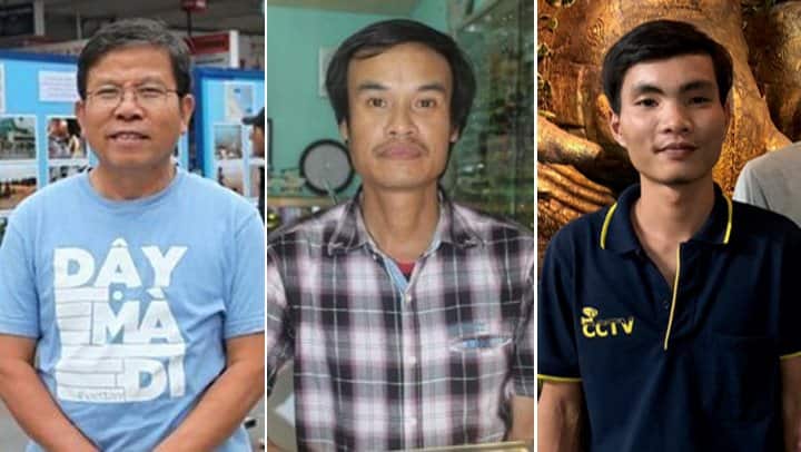 Ông Châu Văn Khảm bị tuyên án 12 năm tù giam, Nguyễn Văn Viễn (giữa) sinh năm 1971, bị tuyên án 11 năm và Trần Văn Quyền, sinh năm 1999, bị tuyên án 10 năm.