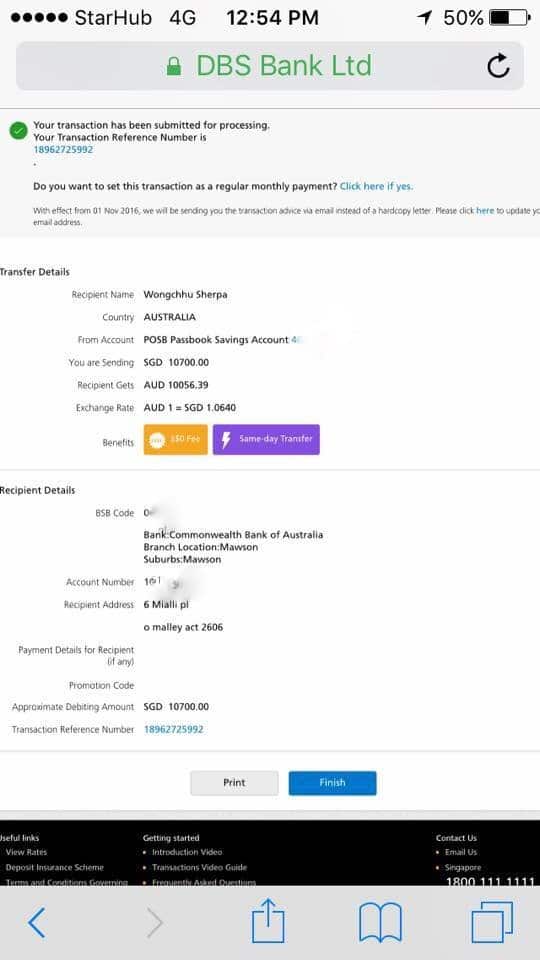 Alleged bank transfer made to Wongchhu Sherpa