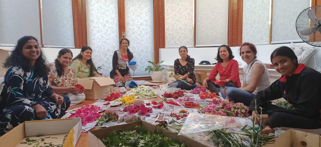 Volunteers sorting out the flowers