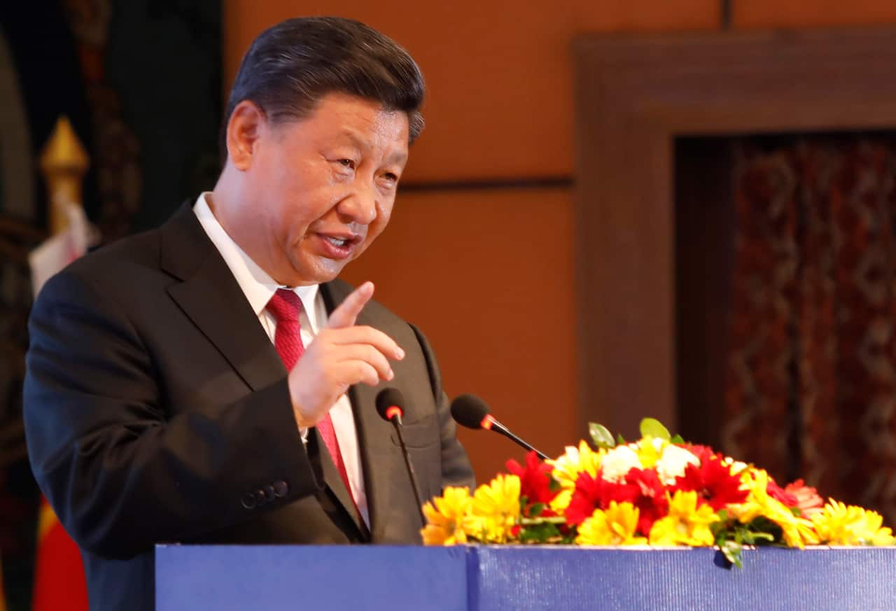 Chinese President Xi Jinping addresses a gathering at Soltee Hotel in Kathmandu, Nepal, Saturday, Oct. 12, 2019. (Bikash Dware/The Rising Nepal via AP)