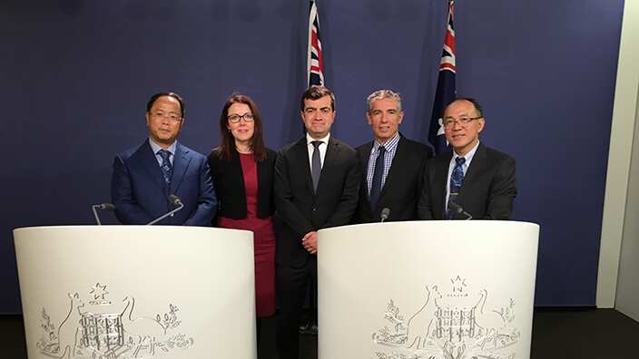 Senator Sam Dastyari and Mr Huang Xiangmo (first on the left) were at a media conference on the 17th June, 2016.