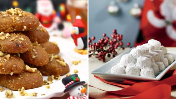 Kourabiedes (butter cookies covered in powdered sugar) and melomakarona (cookies, tend to be created using a number of popular Greek spices, such as cinnamon, cloves, and orange) are the most common sweet treats you will find in every Greek household that