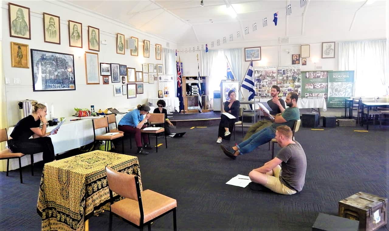 Christina Arampatzi, Demetra Giannakopoulos, Millie Levakis-Lucas, Irene Parker, Arthur Giamalidis, Daniel Deards, in "Blood and Bone" rehearsal, Hellenic RSL.
