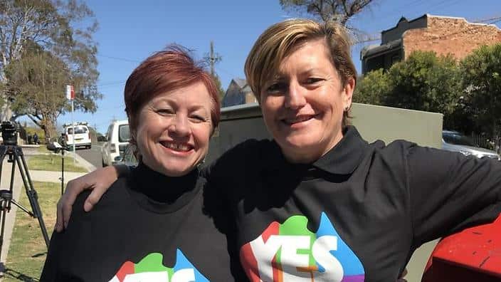 Tony Abbott's sister Christine Forster and her partner Virginia Edwards are pushing for a yes vote. (AAP)