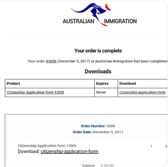 The receipt issued for filling out Citizenship form number 1300t