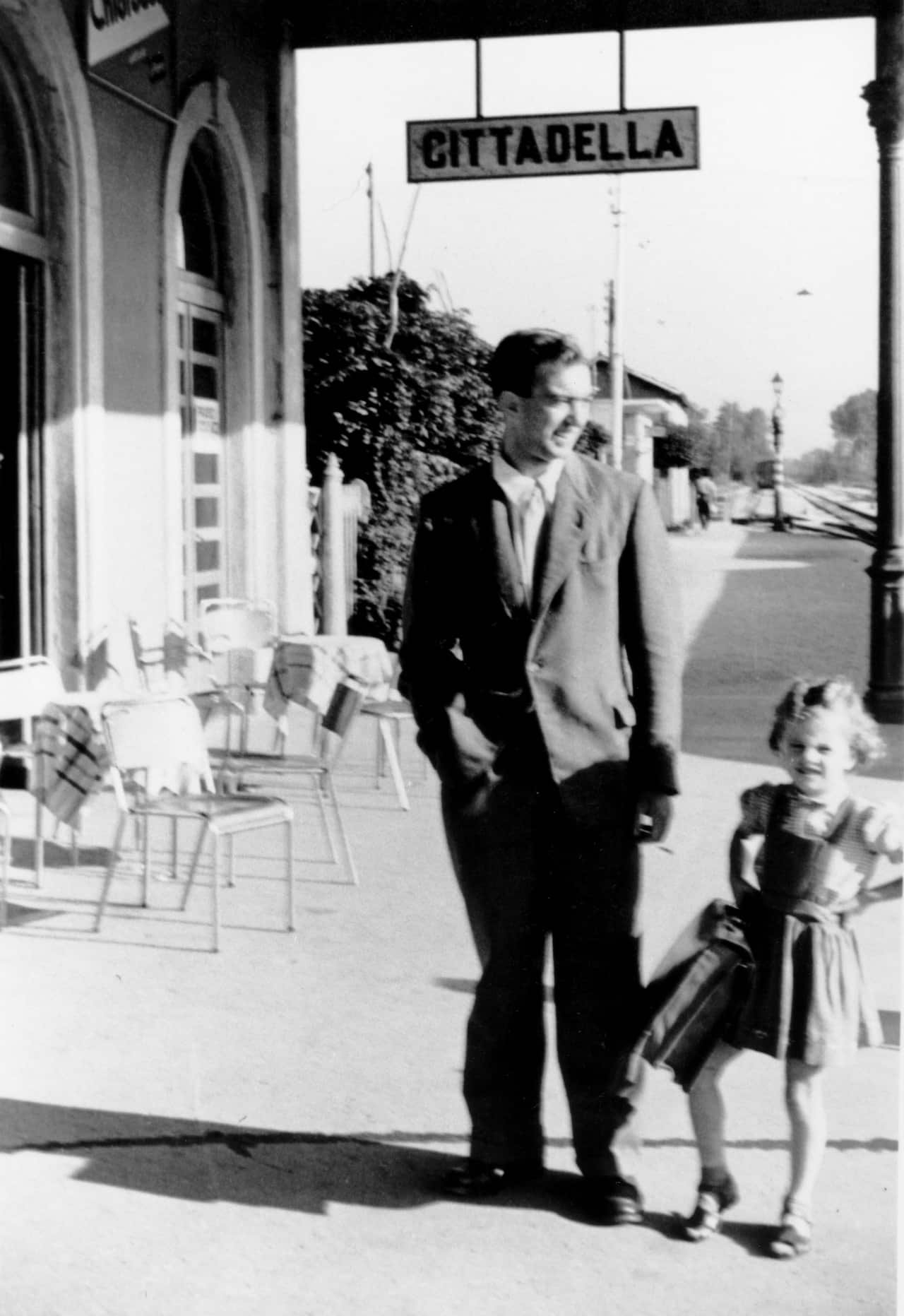 James Gobbo, on a visit to Italy from Melbourne, at the railway station in the town of Cittadella - province of Veneto - birth place of his parents. James was en route to Oxford University to begin his Rhodes scholarship. Next to him is his cousin Renata