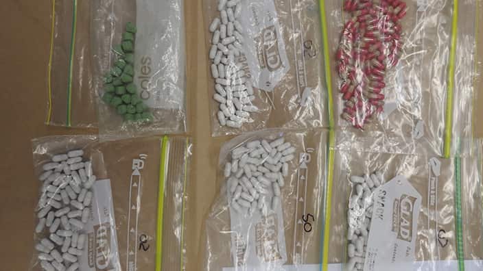 Pills obtained by Queensland Police after a raid on the Sunshine Coast