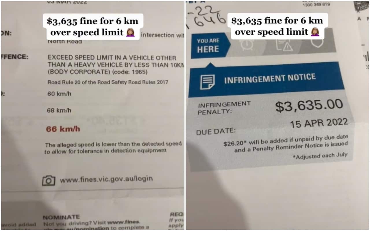 A Melbourne woman was fined $3,635 after being caught speeding just 6km over the limit.