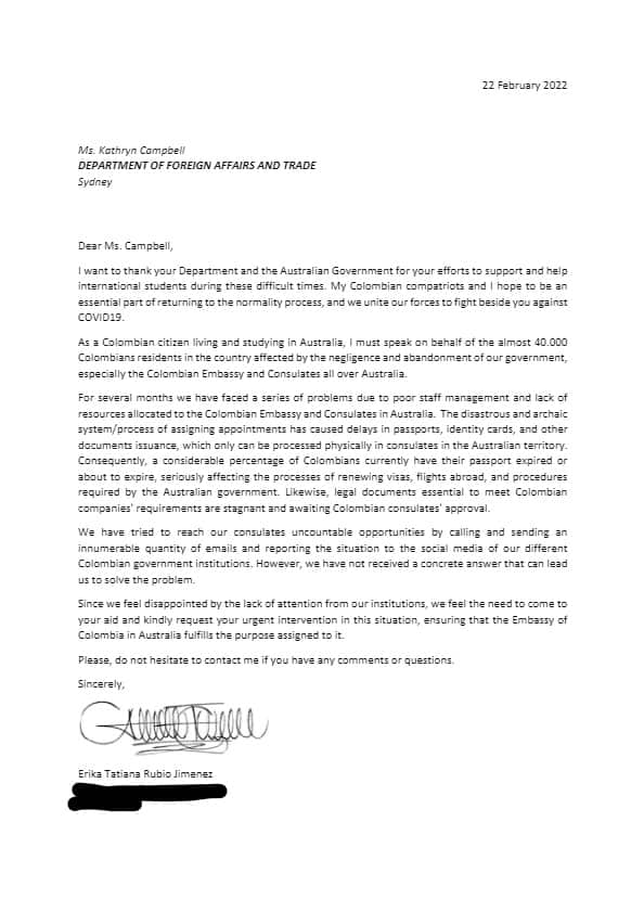 Letter from colombian citizen to DFAT about issue with colombian embassy