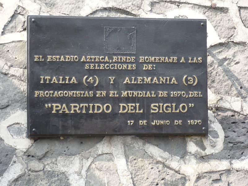 The commemorative plaque at the Azteca stadium in Mexico City celebrating the "Game of the Century" played on 17 June 1970 between Italy and Germany