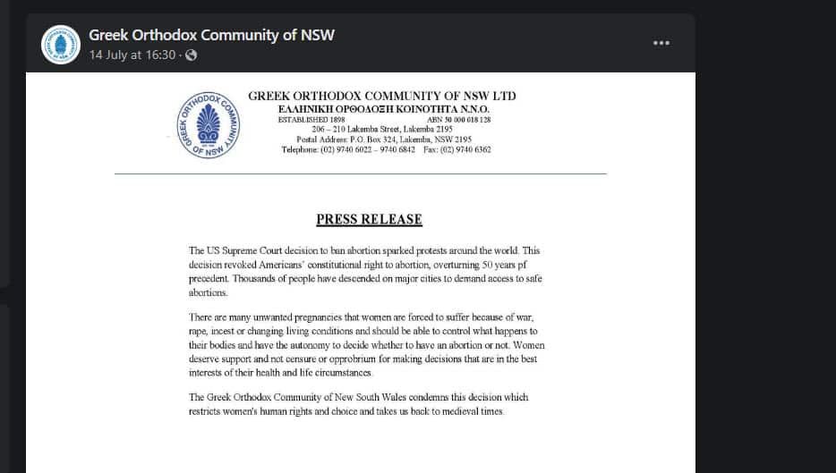 Greek Community of New South Wales on the abortion issue. 