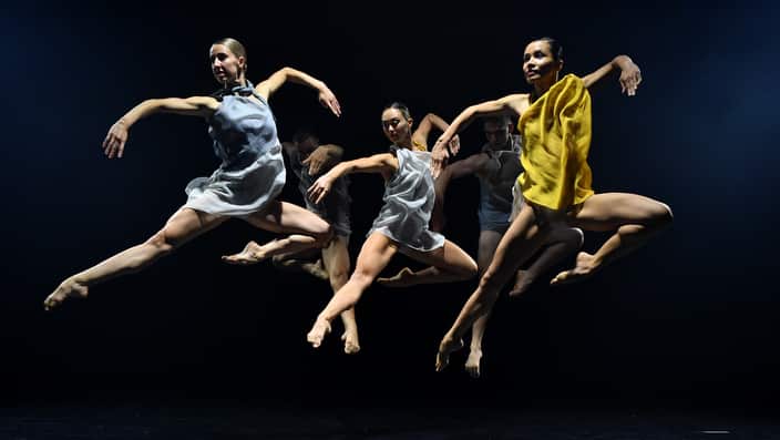 Dancers perform a scene from Cinco during a preview at Roslyn Packer Theatre in Sydney, Monday, March 25, 2019
