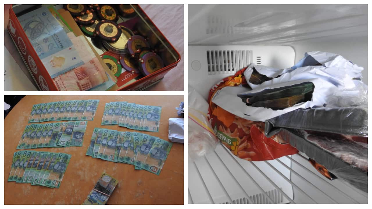 Envelopes of $136,460 in cash hidden in the freezer, found in the third CACT case