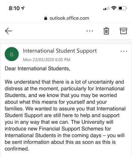 Screenshot of an email sent to students by Federation Uni