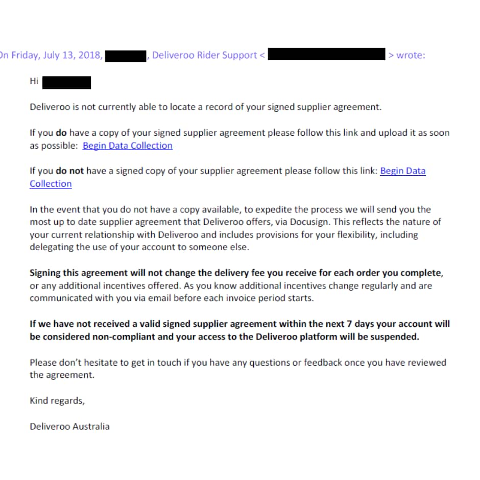 Correo electrónico enviado a los conductores de Deliveroo revelado por ABC.