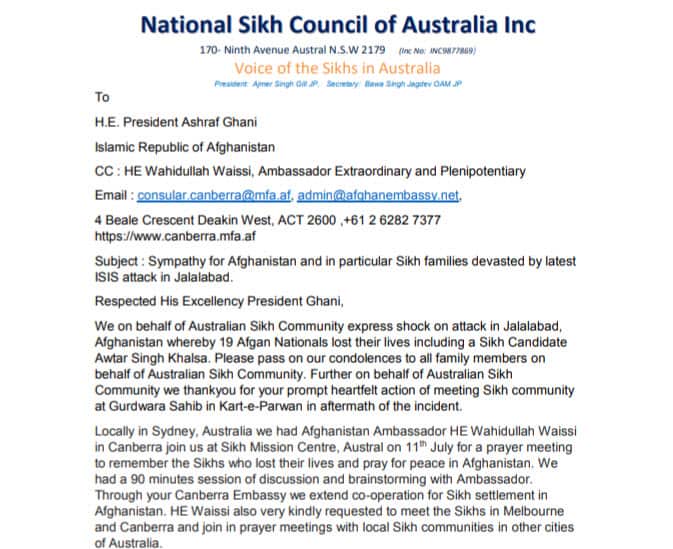Sikh Council's letter to Afghan Prez