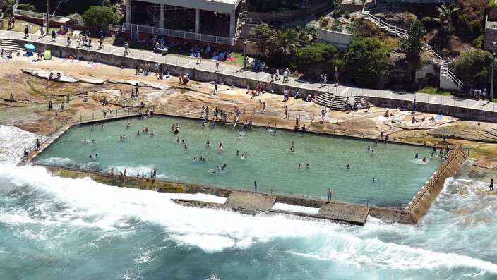 An aerial view of Cronulla Beach Rock Pool in Sydney, Wednesday, December 26, 2018. (AAP Image/Mick Tsikas) NO ARCHIVING