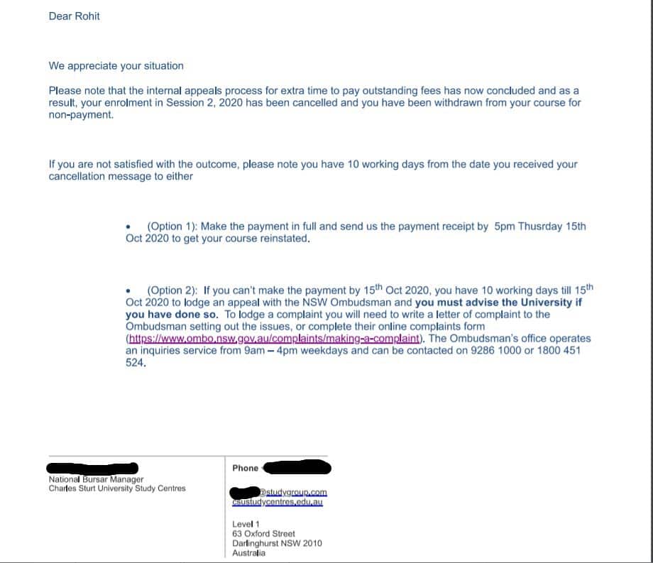 CSU's warning letter for full payment of fees. 